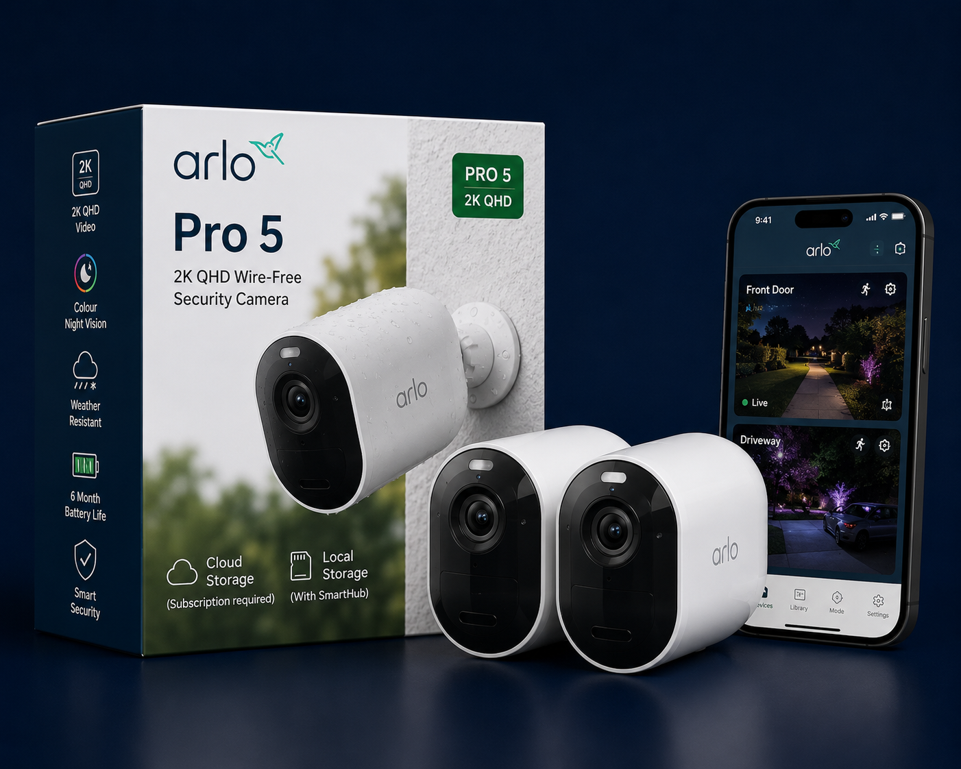 Arlo Pro 5 outdoor smart security camera with colour night vision for UK homes