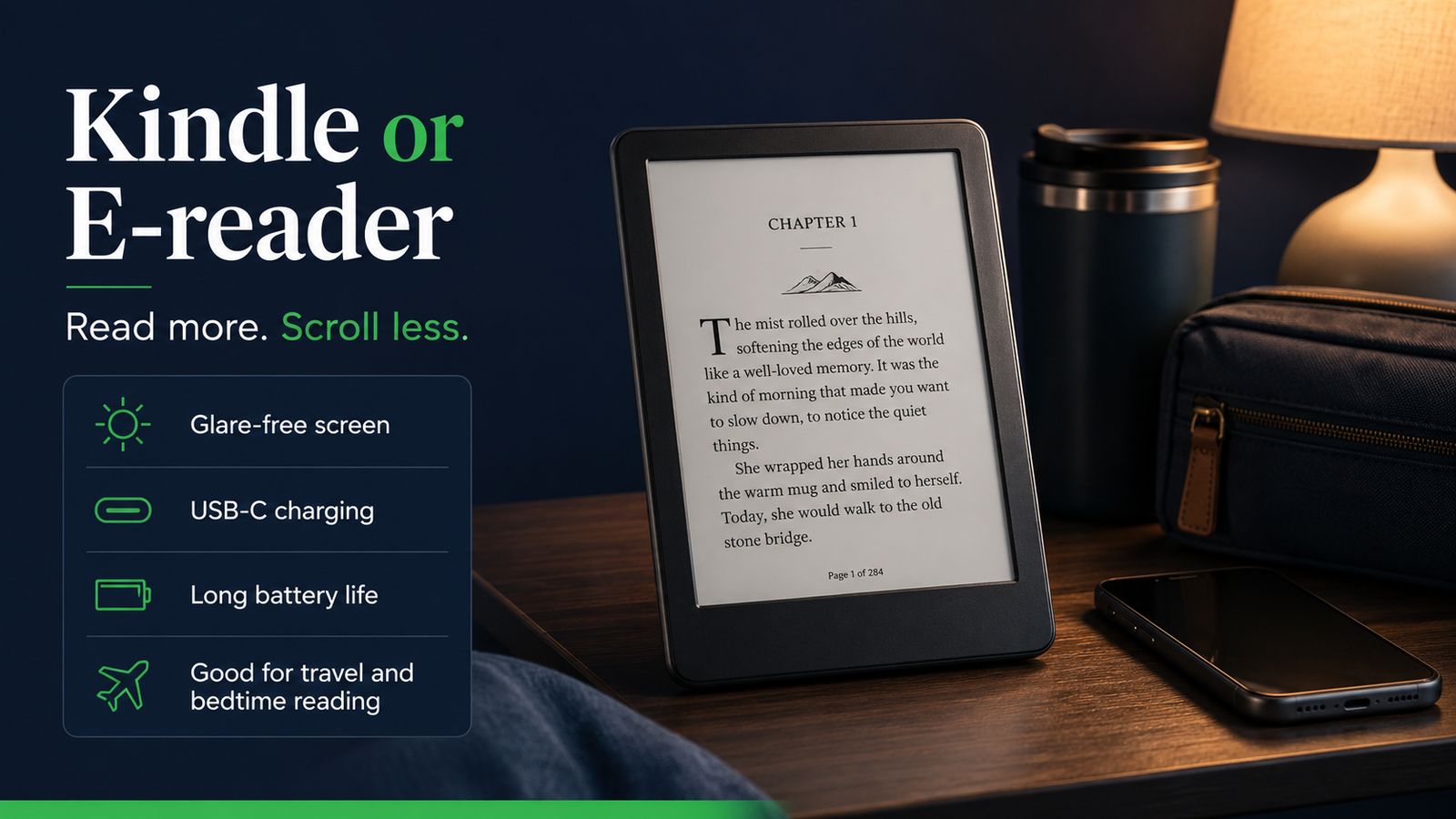 Kindle e-reader for reading without phone distractions at home or while travelling