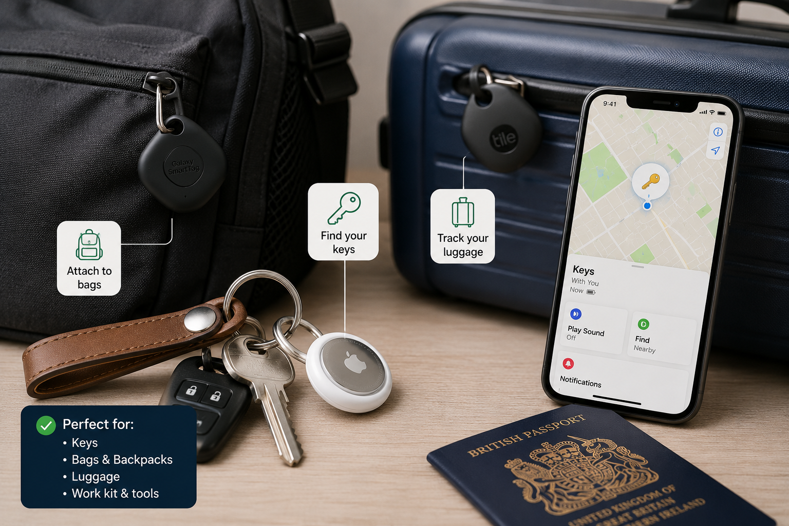 Smart tracker attached to keys bag and luggage with phone location app