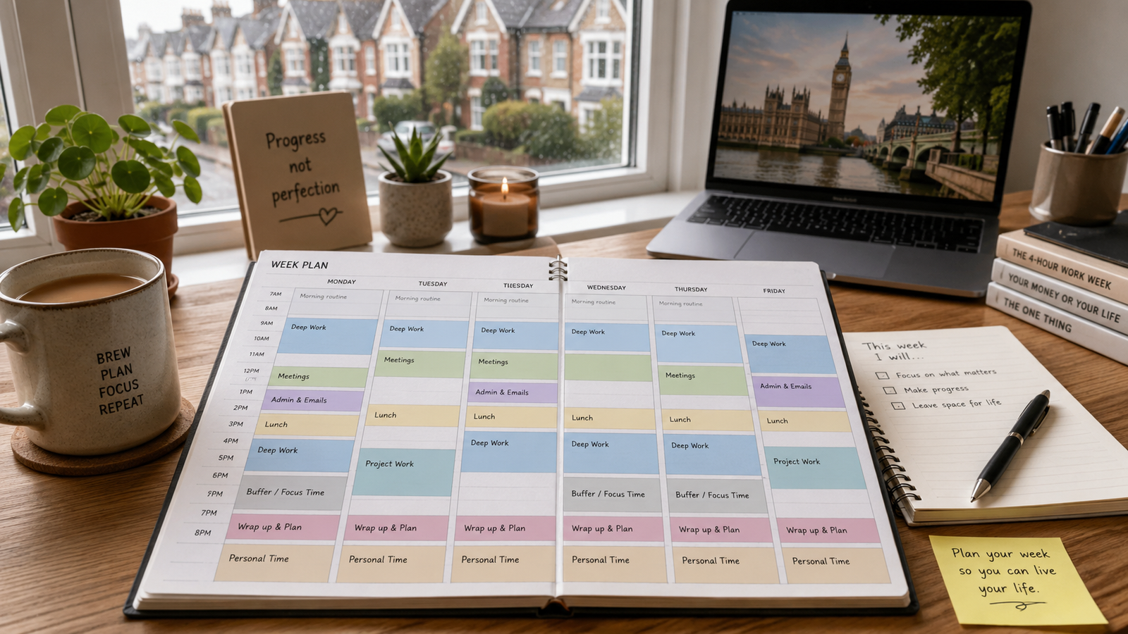 Time blocking planner - cozy UK home office