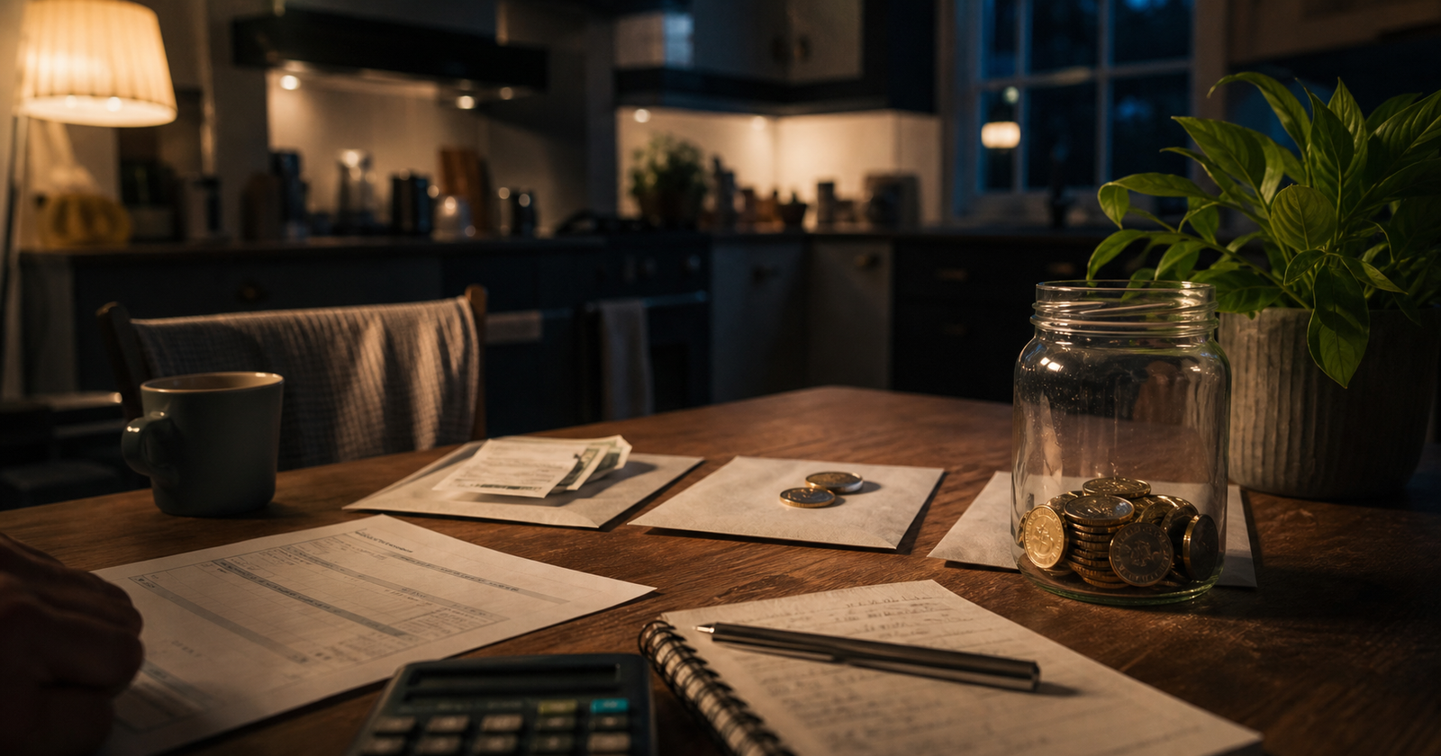 UK worker planning monthly savings at home