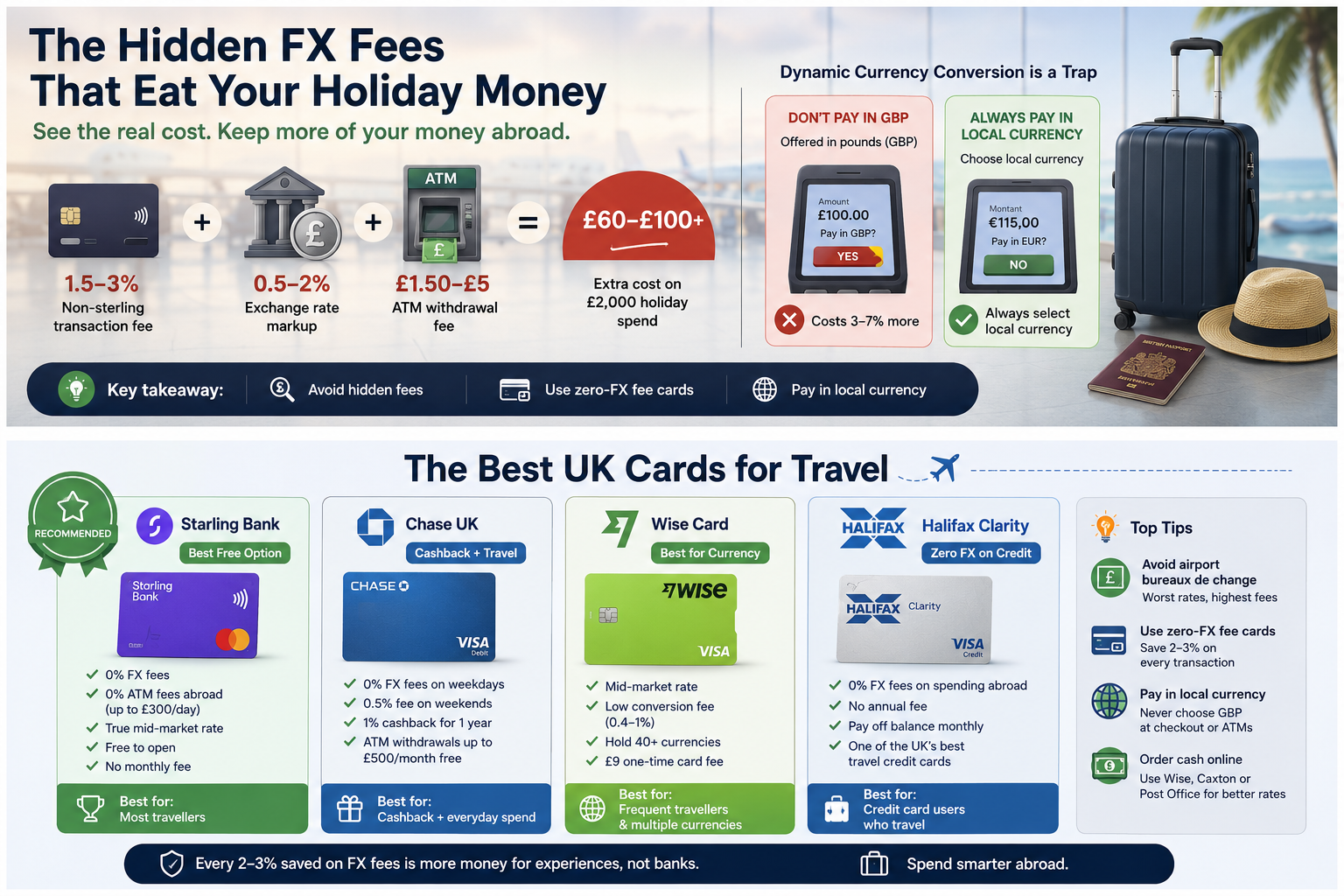 The hidden FX fees that eat your holiday money - infographic showing card fees and best UK travel cards