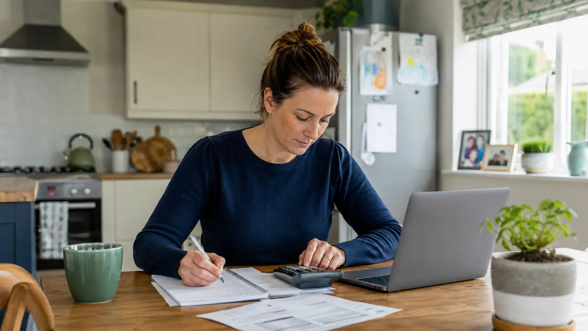 Parent planning summer childcare costs at a kitchen table