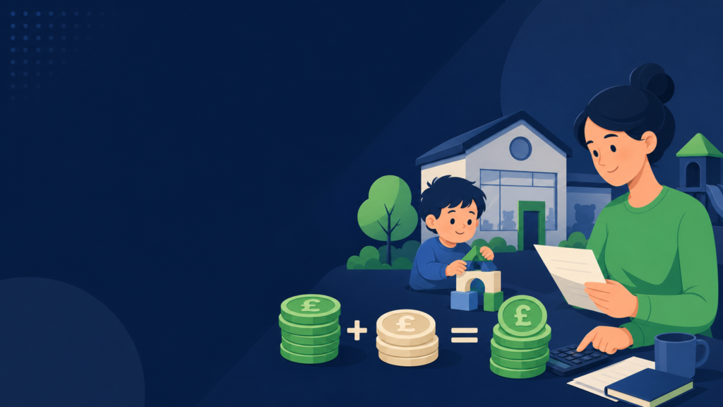 Illustration of a parent planning Tax-Free Childcare costs with a child, nursery and pound coins