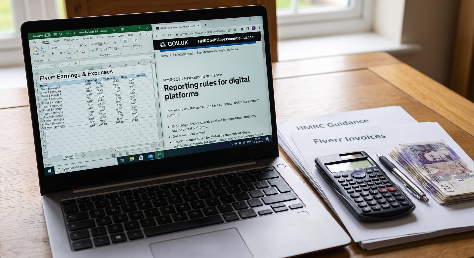 Laptop cu un tabel de venituri și cheltuieli Fiverr lângă ghidul HMRC, un calculator și bani - venit suplimentar din Fiverr în UK
